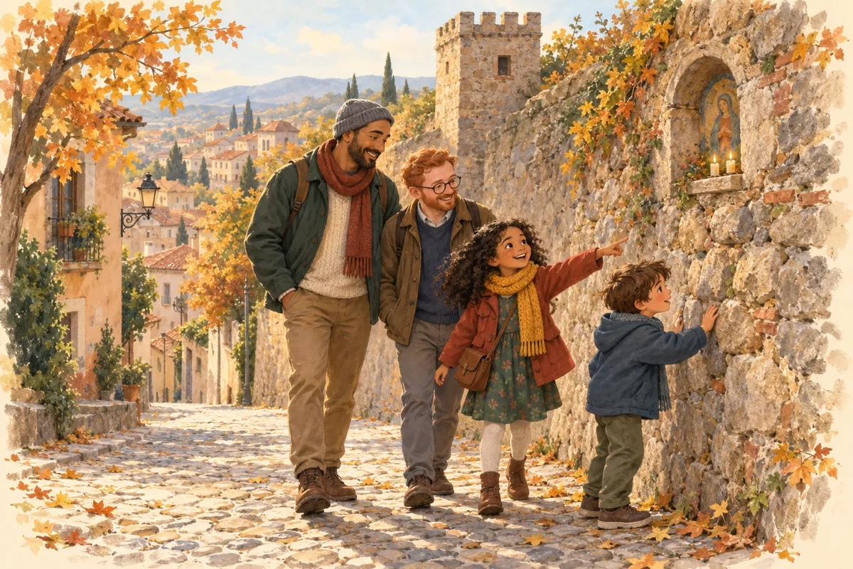 Ilustración: una familia descubre una pequeña hornacina en una muralla antigua de piedra en Madrid.
