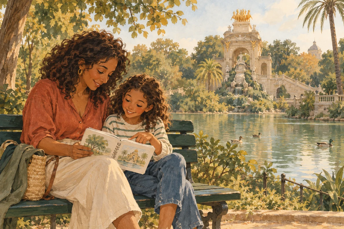 A mother and her daughter draw together on a bench in the Ciutadella park.