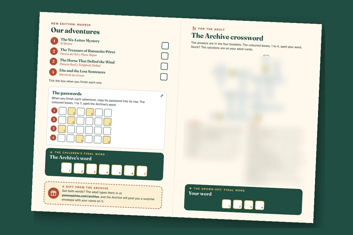 The “Misterios del centro” map board on a green background: the four adventures, the password grid and the grown-ups' crossword, blurred so nothing is given away.