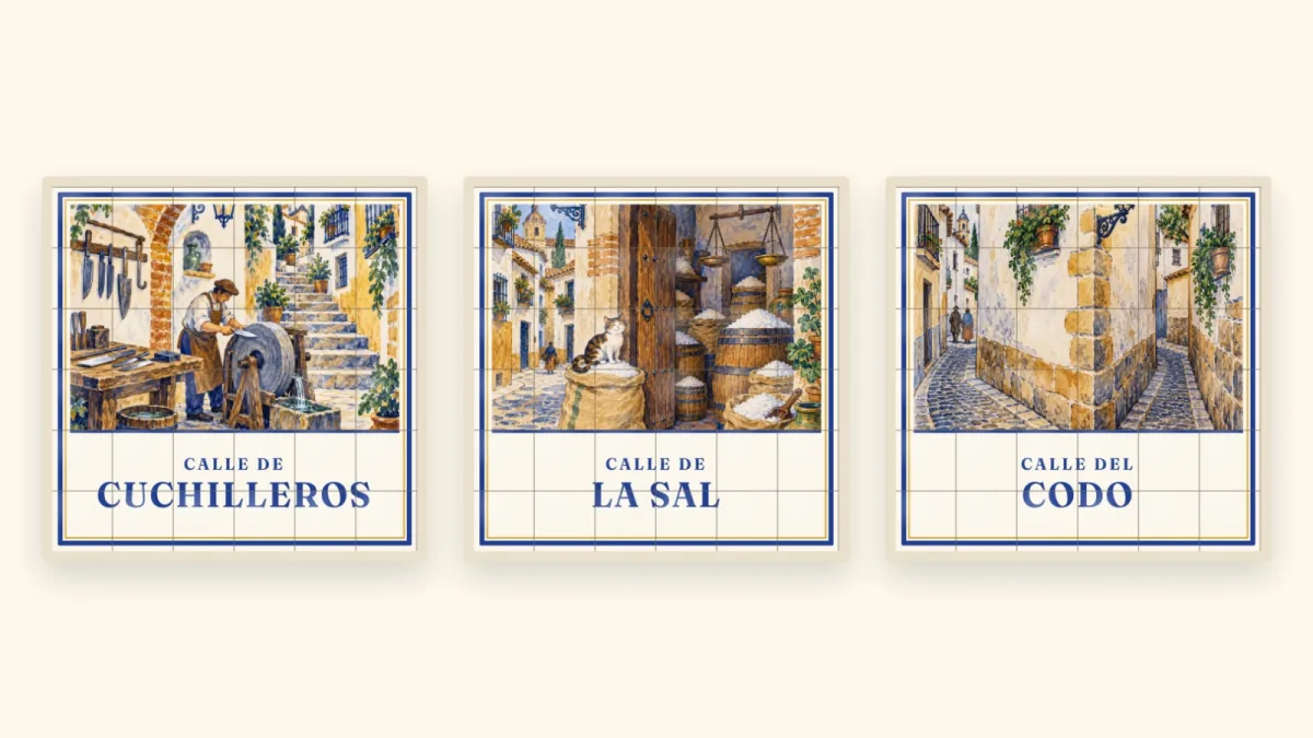 Ilustración: tres placas de azulejo pintadas, de la calle de Cuchilleros, la calle de la Sal y la calle del Codo.