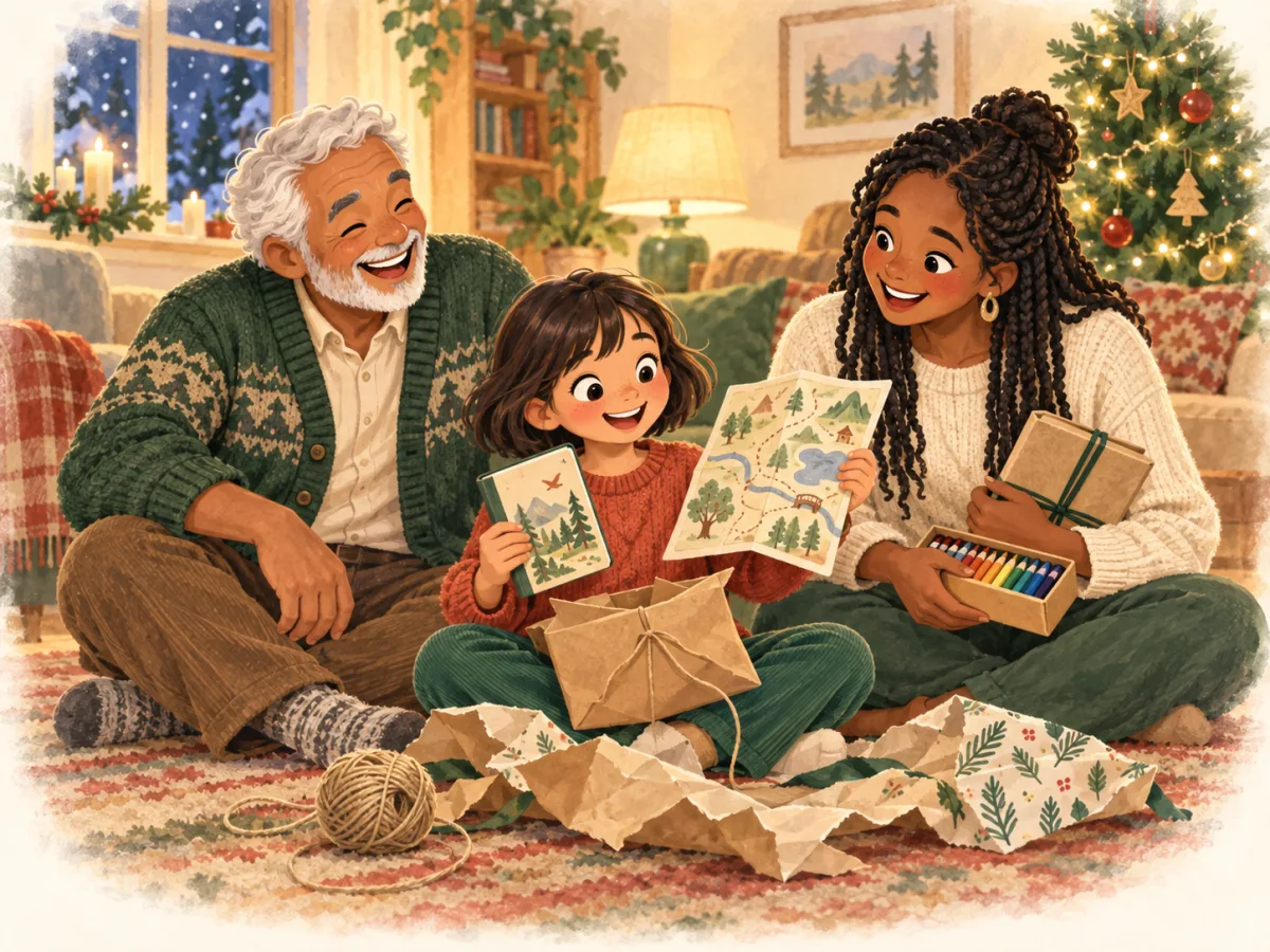 Illustration: a girl opens a kraft envelope holding an illustrated notebook and a hand-drawn map, next to her mum and her grandfather.