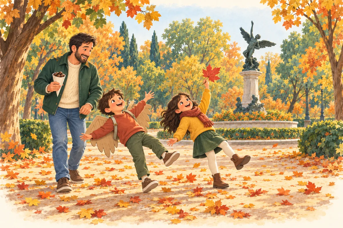 Ilustración: un padre con castañas y dos niños que imitan al ángel de la fuente del Ángel Caído, en el Retiro en otoño.