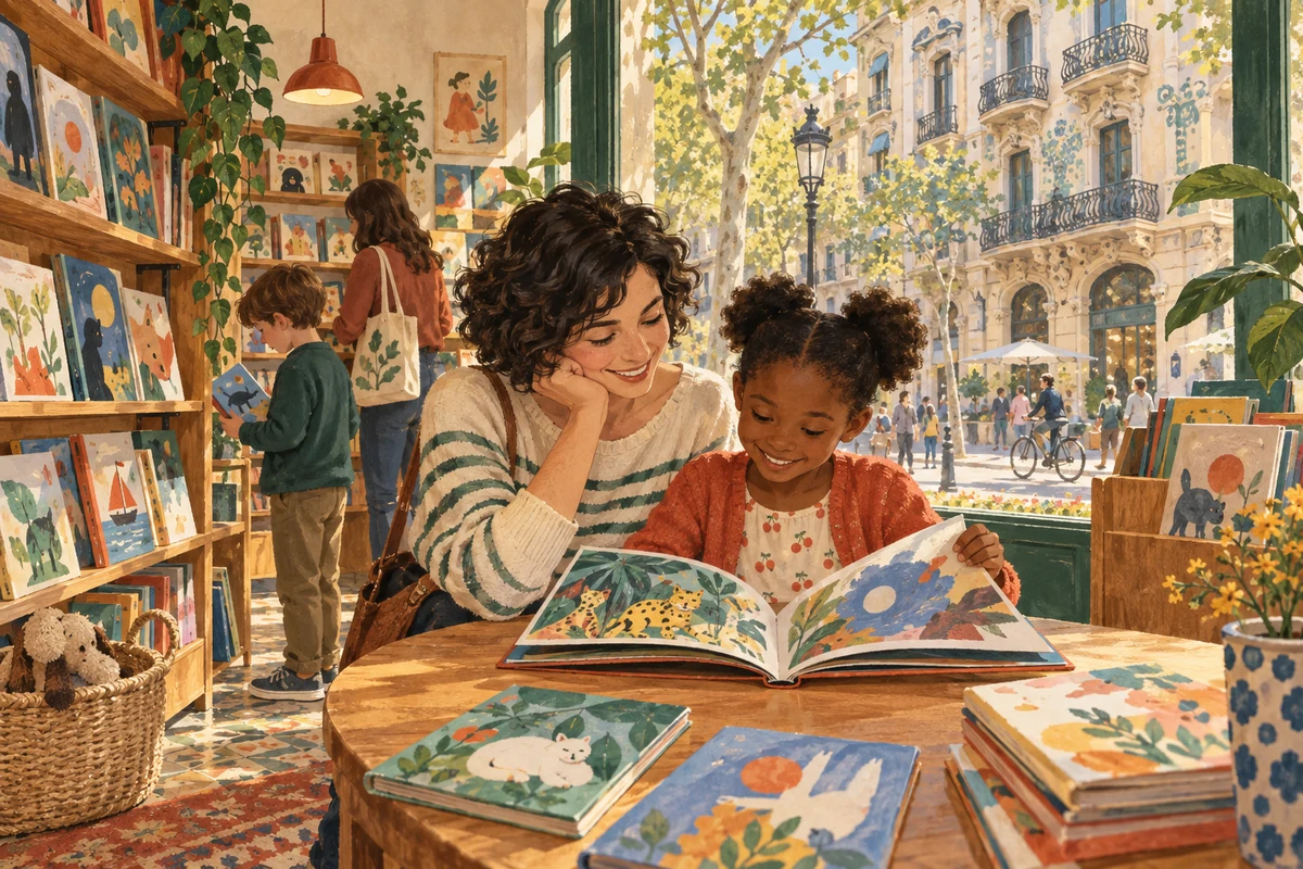A mother and daughter explore a picture book by an imagined bookshop window, with Barcelona Modernista façades outside.