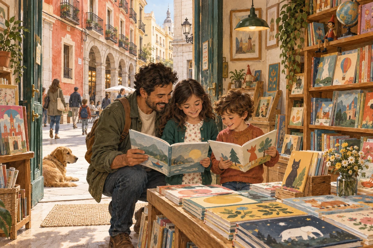 Un padre y dos peques eligen cuentos en una librería imaginada, con balcones y soportales madrileños al fondo.