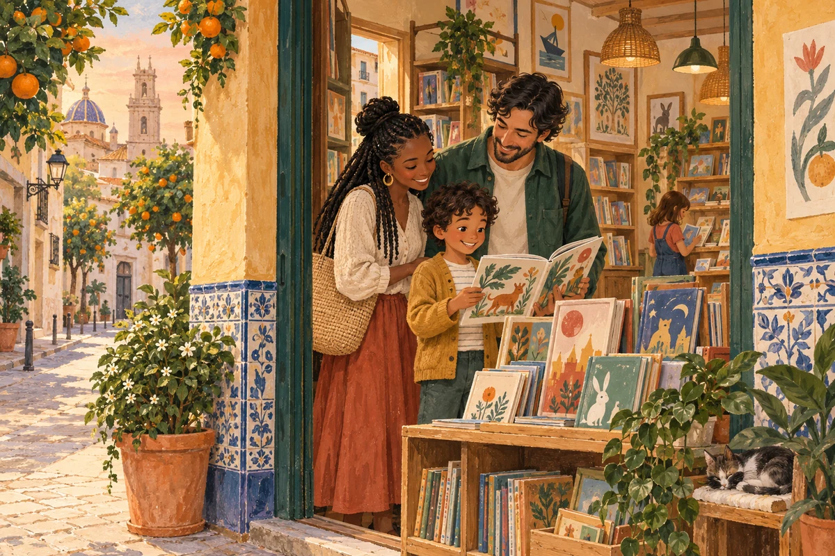 A family shares a picture book in an imagined Valencia bookshop, surrounded by blue tiles and orange trees.