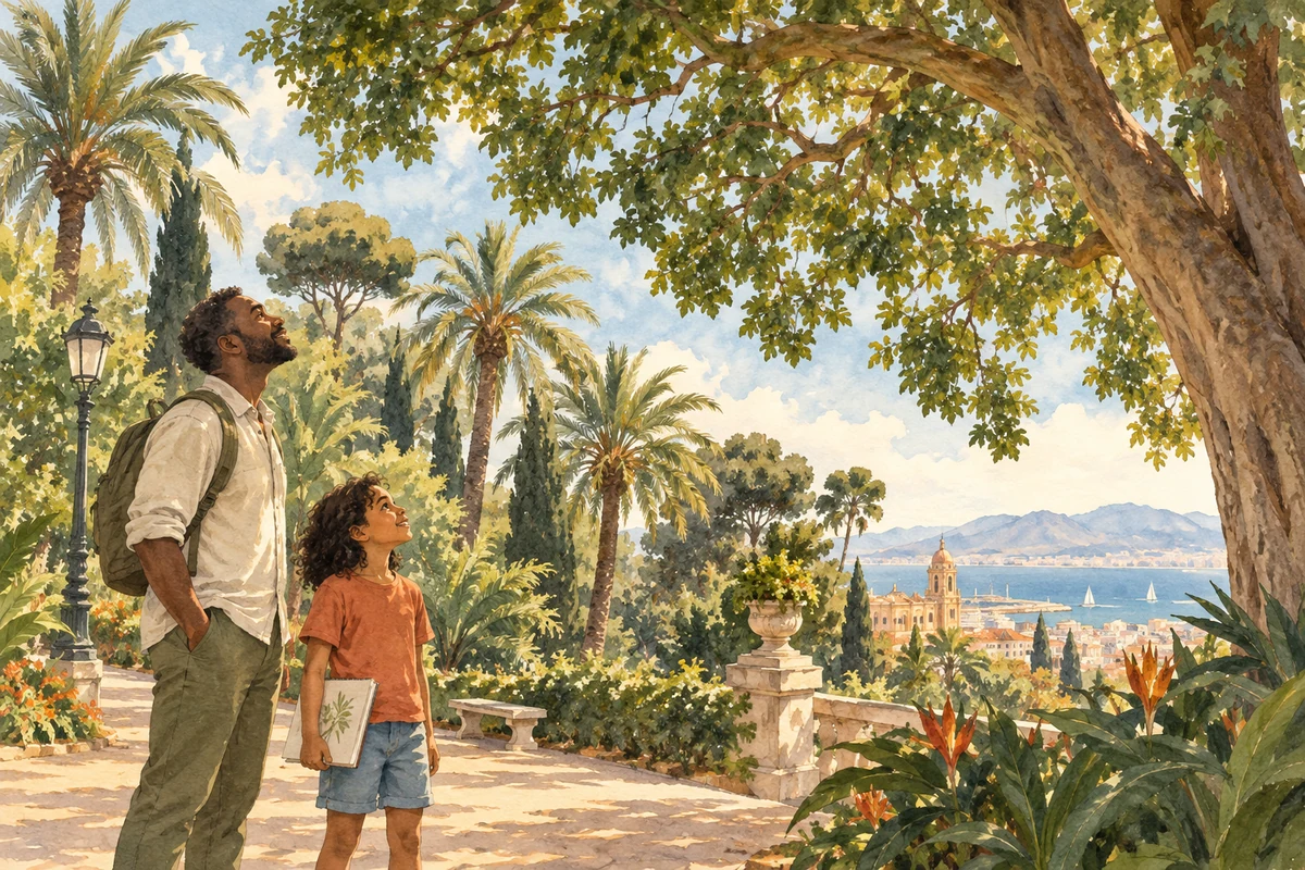 Un padre y su peque miran la copa de un árbol en un jardín de Málaga.