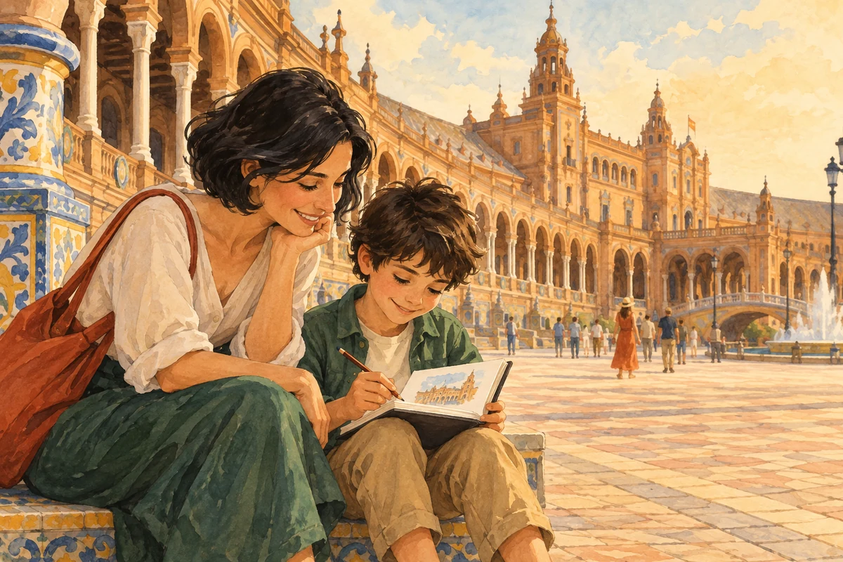 Una madre y su hijo dibujan junto a los azulejos de Plaza de España en Sevilla.