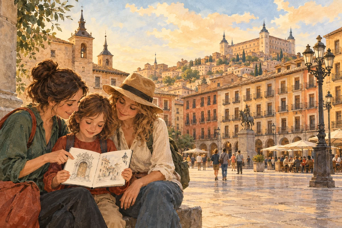 Two mothers and their daughter share a notebook in a square in Toledo.