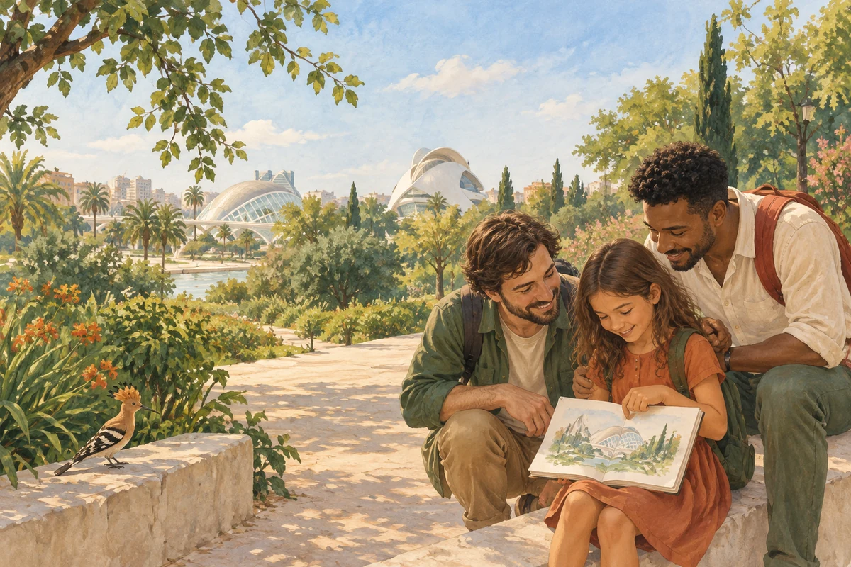 Dos papás y su hija comparten un dibujo en un jardín de Valencia.