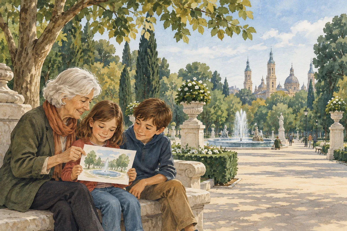 Una persona adulta y dos niños comparten un dibujo durante una salida al parque.
