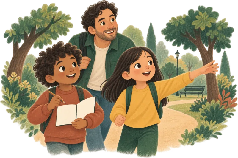 Un padre, un niño con un cuaderno y un lápiz, y una niña que señala el camino en un parque.