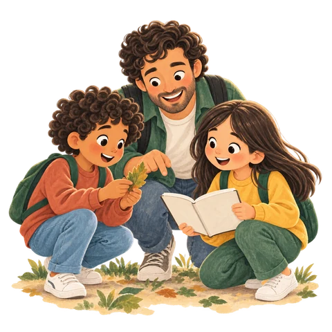 Una familia mirando un cuaderno en el parque