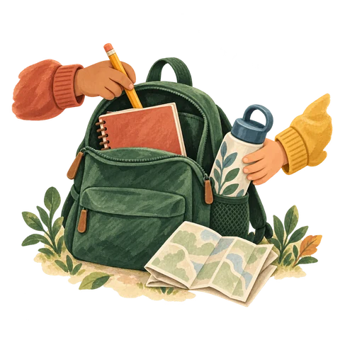 Una mochila con cuaderno, lápiz, mapa y botella