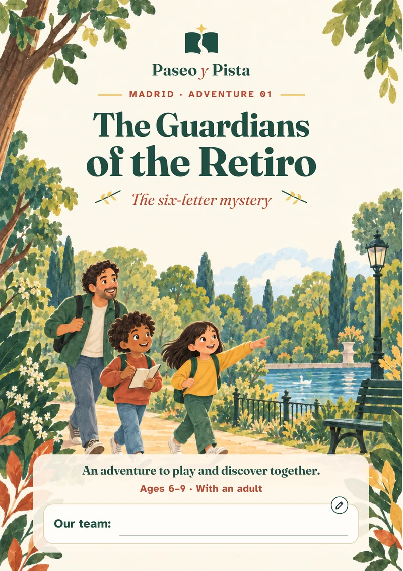 Cover of The Guardians of the Retiro, the first Paseo y Pista edition: an illustrated family explores the park, framed by trees on cream paper.
