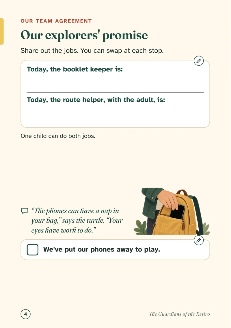 Page 4, “Our explorers' promise”: space to choose the booklet keeper and route helper, plus a tick box for putting phones away.