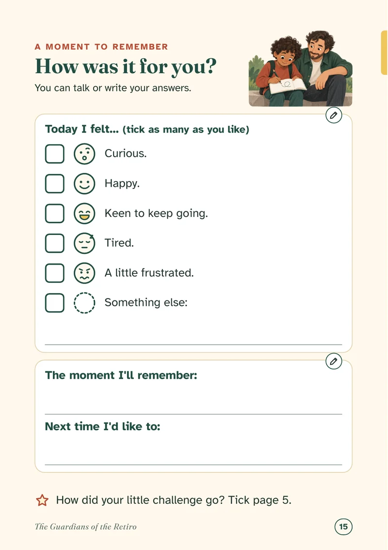 Page 15, “How was it for you?”: faces to tick for feelings and lines for the moment to remember.