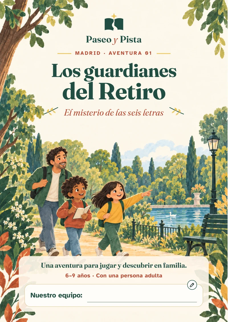 Portada de Los guardianes del Retiro, la primera edición de Paseo y Pista: una familia ilustrada explora el parque enmarcada por árboles sobre papel crema.