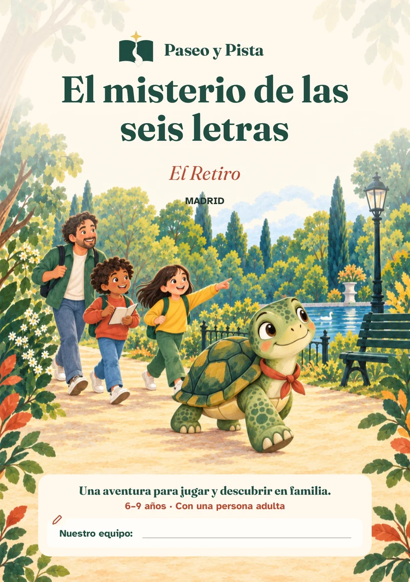 Cubierta ilustrada de El misterio de las seis letras, ambientada en El Retiro, Madrid.