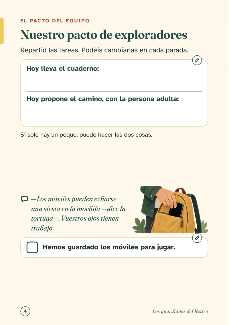 Página 4, «Nuestro pacto de exploradores»: líneas para anotar quién lleva el cuaderno y quién propone el camino, y una casilla para marcar «Hemos guardado los móviles para jugar».