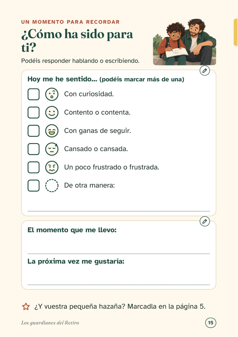 Página 15, «¿Cómo ha sido para ti?»: casillas con caras para marcar cómo se han sentido y líneas para escribir el momento que se llevan.