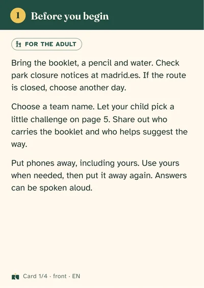 First adult card: preparing for the walk and supporting the team, with no answers shown.