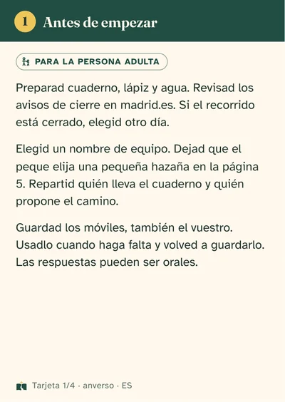 Primera tarjeta para la persona adulta: cómo preparar la salida y acompañar al equipo, sin mostrar respuestas.