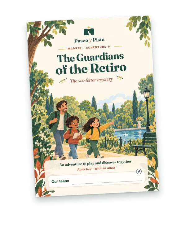 Cover of The Guardians of the Retiro, showing a family exploring the park.