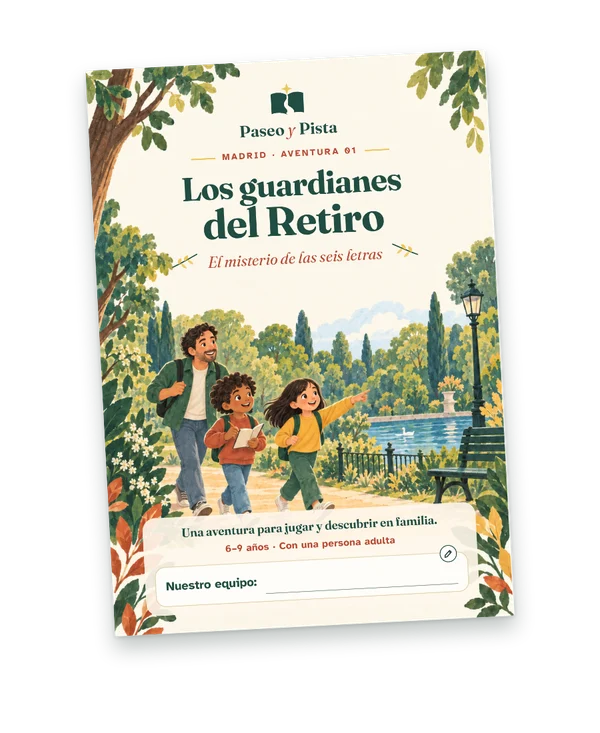 Portada de Los guardianes del Retiro, con una familia explorando el parque.