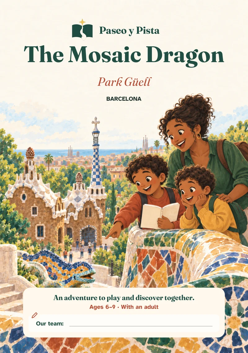 Illustrated cover for The Mosaic Dragon, set in Park Güell, Barcelona.