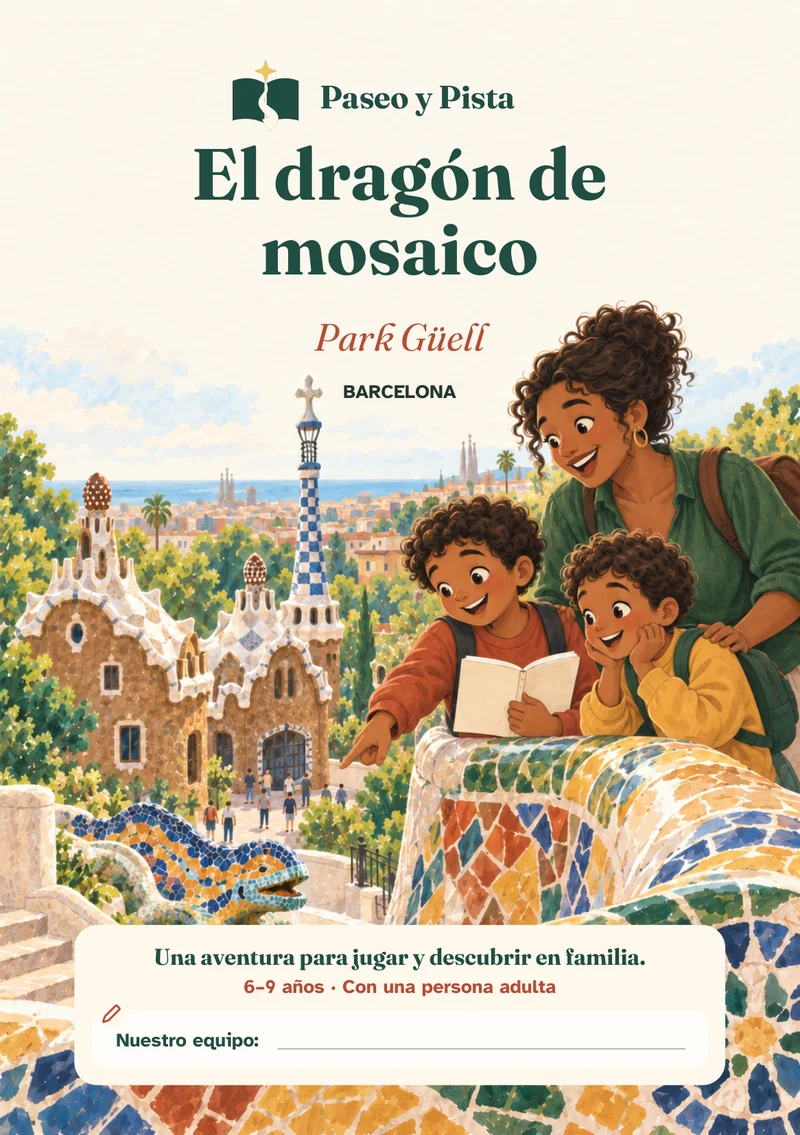 Cubierta ilustrada de El dragón de mosaico, ambientada en Park Güell, Barcelona.
