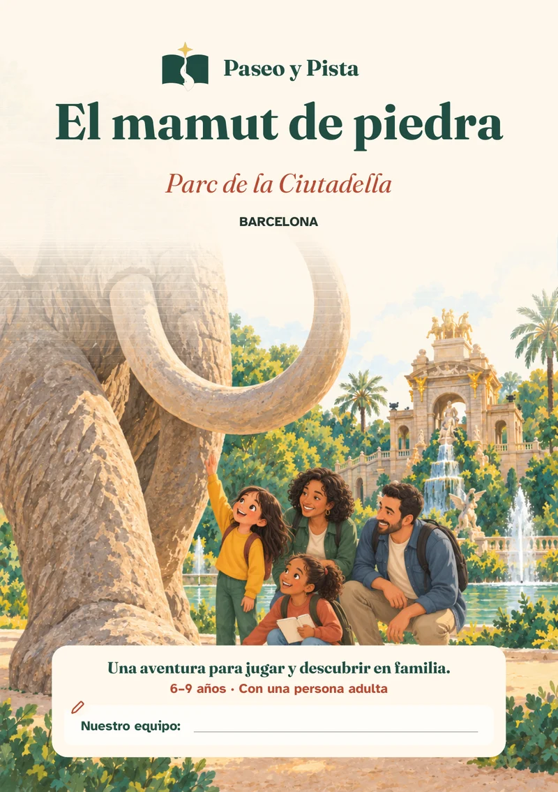 Cubierta ilustrada de El mamut de piedra, ambientada en Parc de la Ciutadella, Barcelona.