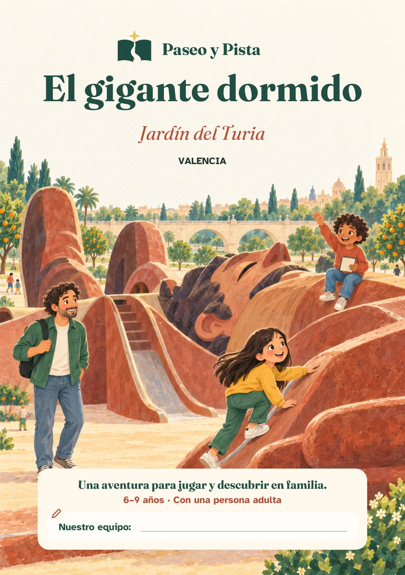 Cubierta ilustrada de El gigante dormido, ambientada en Jardín del Turia, Valencia.