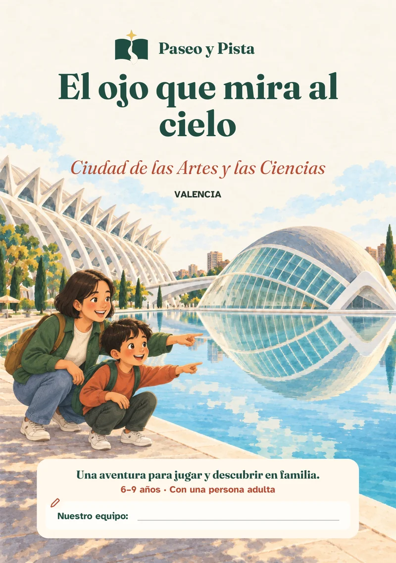 Cubierta ilustrada de El ojo que mira al cielo, ambientada en Ciudad de las Artes y las Ciencias, Valencia.