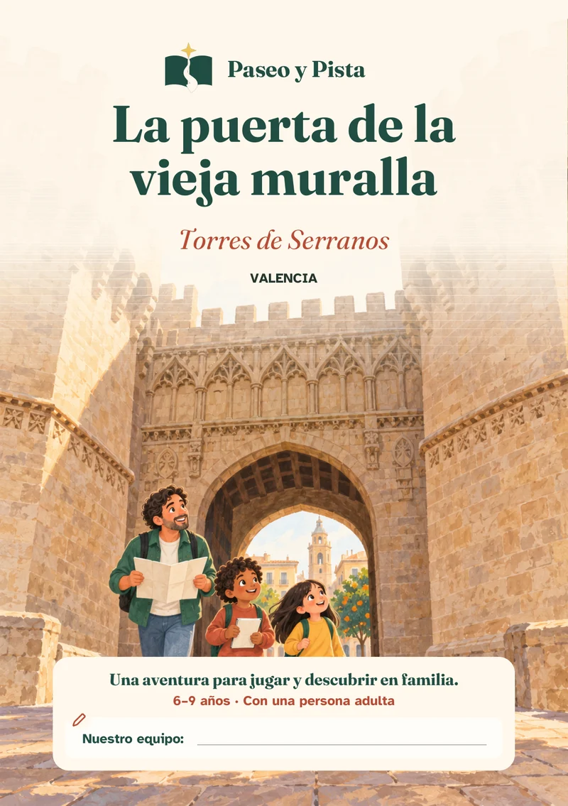 Cubierta ilustrada de La puerta de la vieja muralla, ambientada en Torres de Serranos, Valencia.
