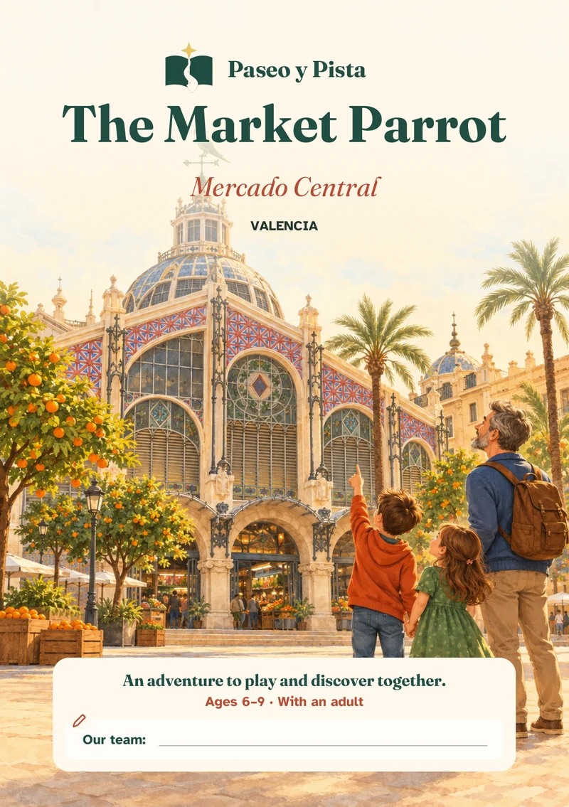 Illustrated cover for The Market Parrot, set in Mercado Central, Valencia.