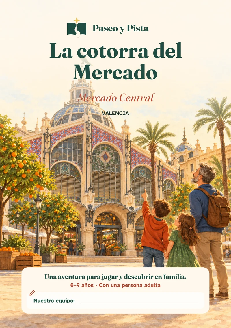Cubierta ilustrada de La cotorra del Mercado, ambientada en Mercado Central, Valencia.