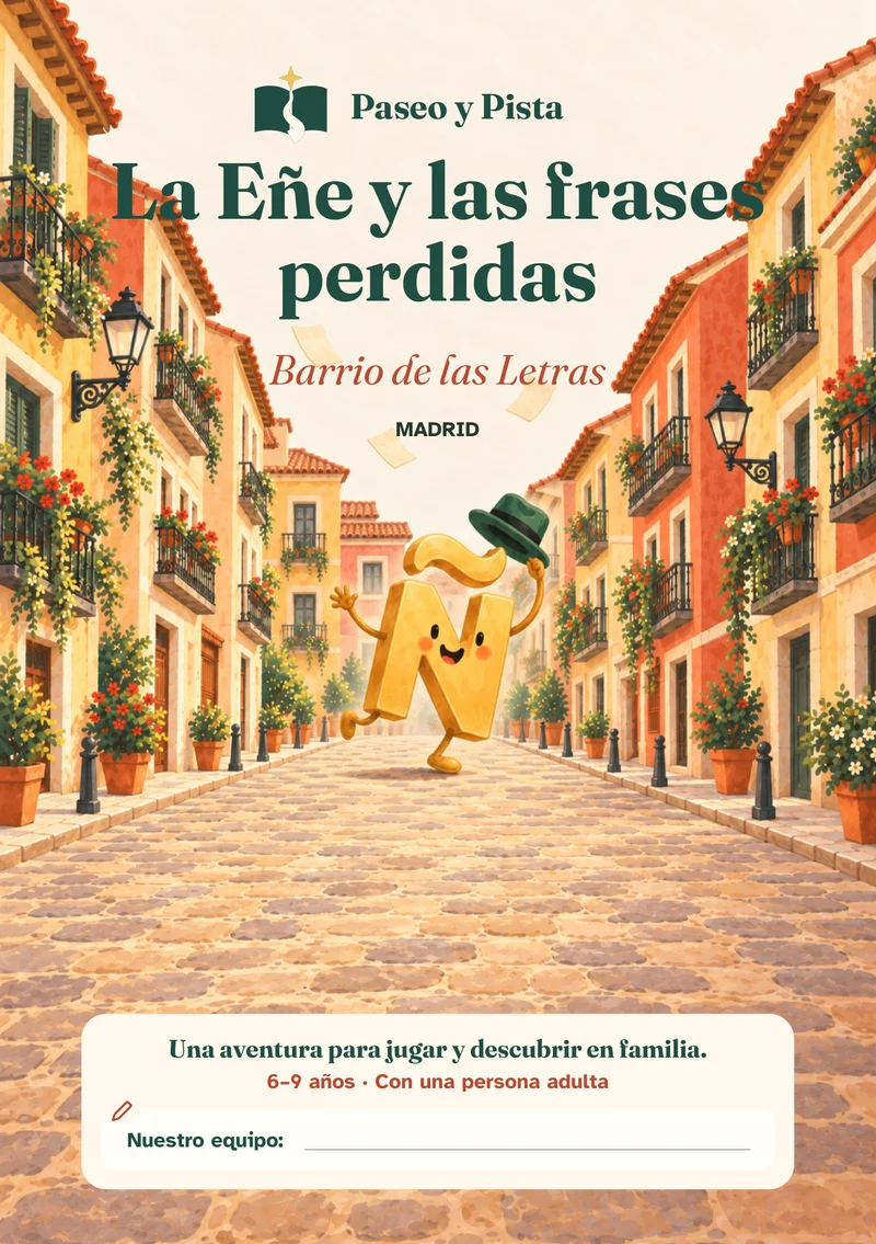 Cubierta ilustrada de La Eñe y las frases perdidas, ambientada en Barrio de las Letras, Madrid.