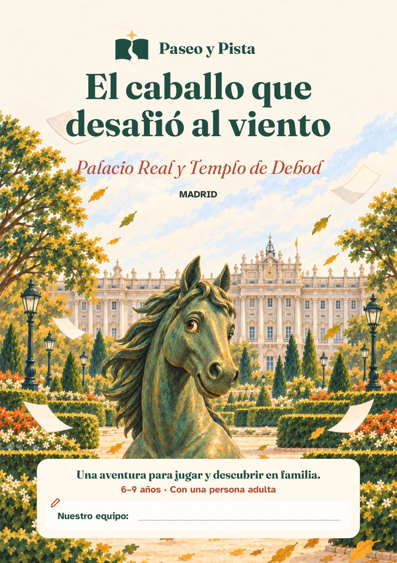 Cubierta ilustrada de El caballo que desafió al viento, ambientada en Palacio Real y Templo de Debod, Madrid.