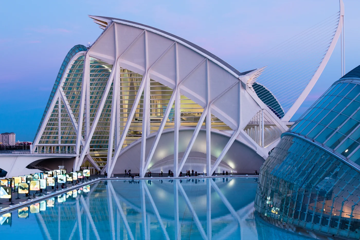 El Hemisfèric y el Museu de les Ciències reflejados en el agua en Valencia.
